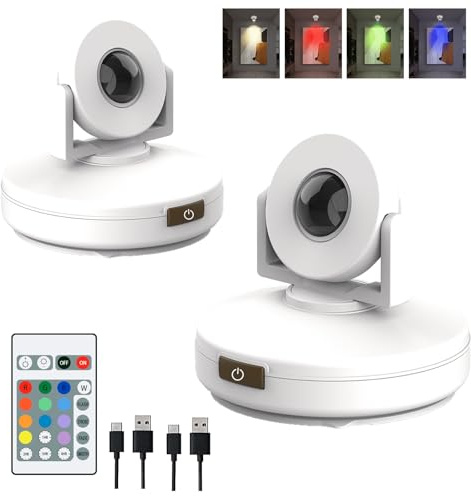 VIGMOJ 2 Focos LED Recargables, 12 Focos de Barra Decolorados y Ajustables con Suministro Remoto y de Batería, con Cronómetro, para Murales que Muestran Armarios de Arte de Pintura de Dardos