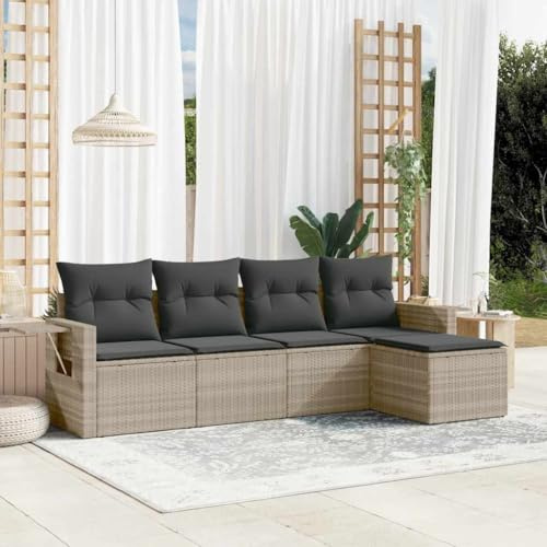 JHQHSM Set di 5 divani da giardino con cuscino, grigio chiaro, in polyrattan, design modulare con ripiani pieghevoli e comodi cuscini da seduta per terrazza, in rattan PE durevole,