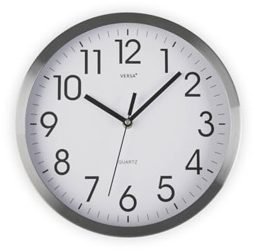 Versa Enkel Reloj de Pared Silencioso Decorativo para la Cocina, el Salón, el Comedor o la Habitación, Estilo Moderno, Medidas (Al x L x An) 25 x 4,1 x 25 cm, Aluminio, Color Blanco y Plateado