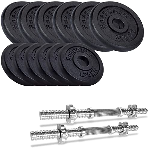 ScSPORTS® Kurzhantel Set - 20/27/30/40/60/70 kg, 2 Hantelstangen, Scheiben, 30mm, Gusseisen, Gewinde, Sternverschluss - Kurzhantelset, Hantelset, Kurzhantelstange (22 kg (6 x 2,5/1,25))