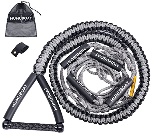 MUMUBOAT 25ft Wakesurf Rope with EVA Handle, 6 Sections Floating Watersport Ropes for Surfing (Grey & Black)