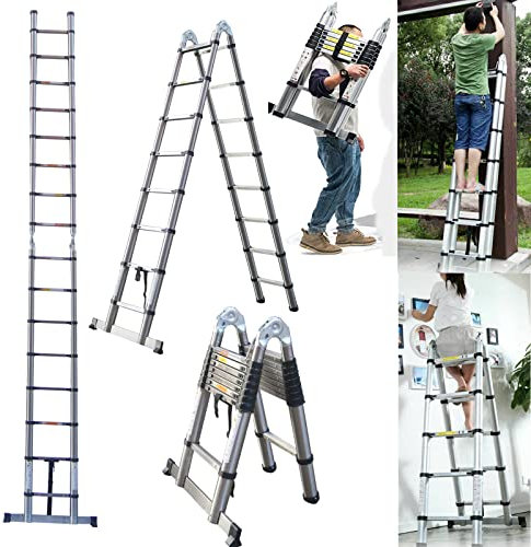 Stainless Steel 5M Telescoping Folding Ladder with Stabiliser, 2.5M+2.5M A Frame Extension Ladder, Max Load 330lb, EN131 Certificated