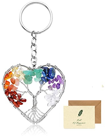 SwirlColor Llavero Árbol de la Vida, Hermoso Corazón 7 Chakra Cura el Árbol de la Vida de Cristal Llaveros Originales Colgante de la Llavero Mujer con Tarjetas de Madres y Amigos Amantes