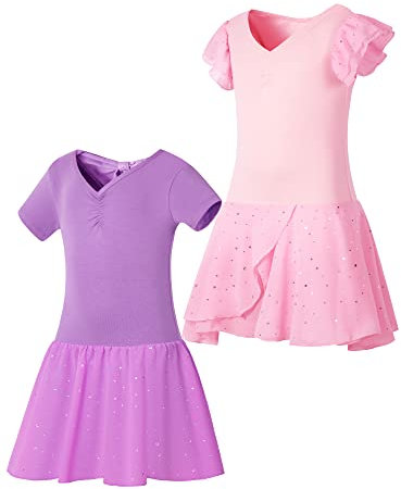 SOIBEEN Ballett Trikot für Mädchen Tanzbekleidung mit Rock Ballerina Ballett Kleid Tanz Outfit 2-Pack Flutter Ärmel Kurzarm 11-12 Jahre Helllila/Hellrosa