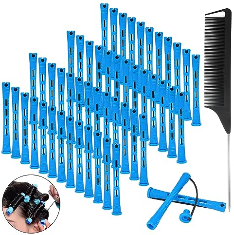 50 Stück Lockenwickler Kleine Locken, Dauerwellen Set Wickler Haarwelle Stangen Lockenwickler für Dauerwelle Kurze Kaltwellenstangen mit Rattenschwanz Kamm, für Friseur (Blau, Durchmesser 0,35 Zoll)