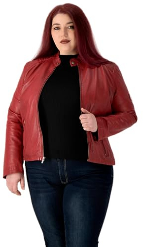 URBAN 5884 Chaqueta de Cuero para Mujer, Riley, Abrigo de Piel de Cordero Auténtica, Chaqueta de Talla Grande, Duradera y Suave, Rojo, 46