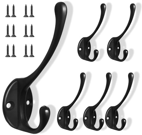 6 Piezas Ganchos Percheros de Pared, Vintage de metal Gancho para Ropa, Ganchos Percheros Percha Negro, Ganchos Dobles de Metal, con 12 Tornillos, Disponible Para Cocina,Baño,Probador,Dormitorio-Negro