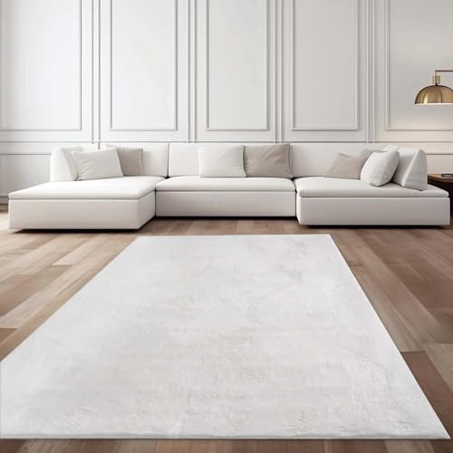 Taracarpet Fellteppich Kunstfell Waschbar - Hasenfell Imitat, Kaninchenfell, Kurzfell | Flauschiger Teppich für Wohnzimmer, Bettvorleger Schlafzimmer - Weiß 060x090 cm