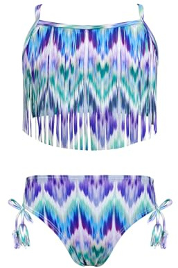 SHEKINI Bikini Niña Traje de Baño de Dos Piezas Retro Borla Tankini Conjunto Adolescente Chic Traje de Baño Niña para 6-14 Años, Violeta Verde Gradient, 8 años