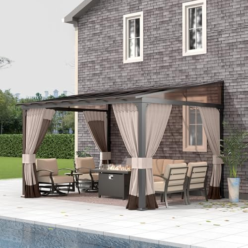Gotland 10 FT x 12 FT Lean to Gazebo, 3 in 1 Outdoor Gazebo with Sloped Roof, Wall Mounted Gazebo with Ground Anchor Sturdy Structure, Galvanized Steel Metal Pergola for Backyard Deck Khaki