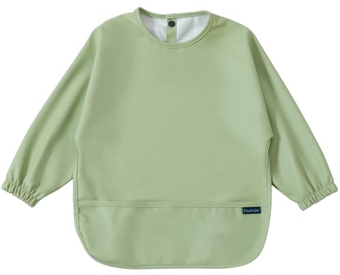 PewinGo Babero de Destete de Manga Larga y Material Suave y Agradable al Tacto, Tmpermeable y Fácil de Limpiar y Lavable a Máquina, Para Bebés Pequeños (Verde Puro)