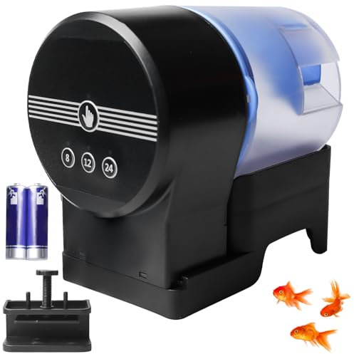GOMETY Futterautomat: 1 Stück Kunststoff Automatischer Fischfutterspender, USB Wiederaufladbar & Batteriebetrieben, Feuchtigkeitsbeständig, für Urlaube (Schwarz mit 50g & 100g Essensbox)