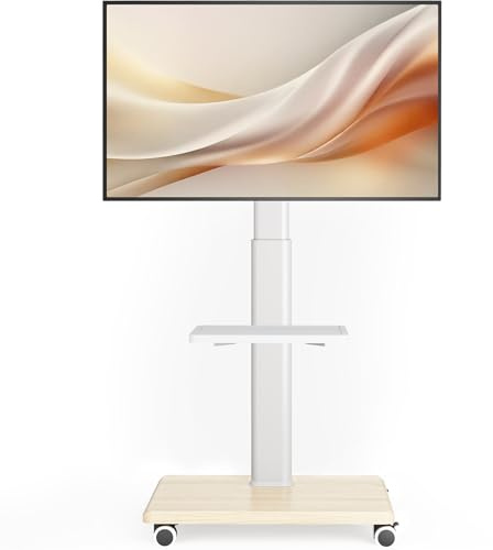 AX WABER Supporto TV da Pavimento Mobile con Ruote, per TV 27-65 Pollici, VESA 400x400, Carico 40kg, Design Bianco e Legno Chiaro