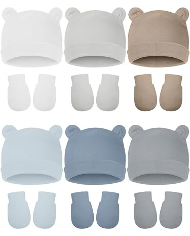 Geyoga 12 Pieces Newborn Hat Mittens Gloves Set 0-12 Months Boys and Girls Cotton Baby Beanie for Autumn(Solid,Beige, White, Gray, Light Gray, Blue, Sky Blue)