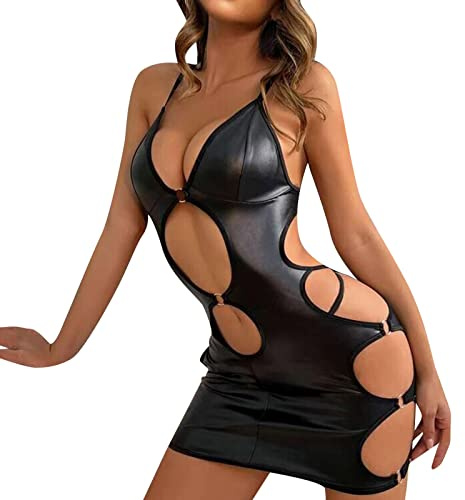 Women's Underwear PU Dress Lingerie High Waist Open Back Lingerie Set Sexy Underwear Lingerie Small Breasts, black, S