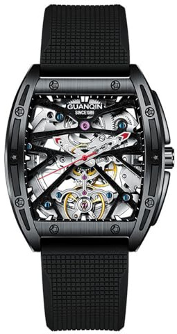 Guanqin Montre-bracelet mécanique vintage pour homme avec cadran squelette automatique, cristal saphir, double face, creux, étanche, lumineuse, en forme de tonneau