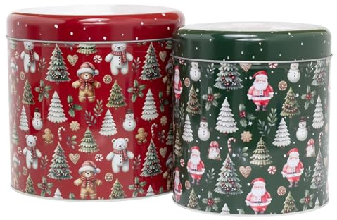 Carousel Home Set of 2 Round Christmas Tins | Festive Red & Green Storage for Cookies, Biscuits & Treats | Nostalgic Nesting Tins