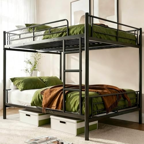 Mixcous Full Over Full Bunk Bed, Convertible into 2 Full Beds, Heavy-Duty Metal Bed Frame with Safety Full-Length Guardrails & EVA Padded Ladder for Adults, Teens, Kids, No Box Spring Needed, Black