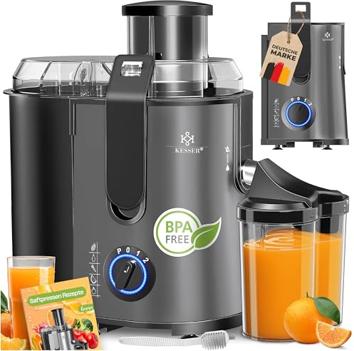 KESSER® Zentrifuge Entsafter für Obst | Gemüse aus Edelstahl 1100W, große Fütterungsröhre, 3 Stufen, Elektrische Zentrifugal Saftpresse Juicer + Bürste, Saftbehälter, Rezeptbuch Anthrazit