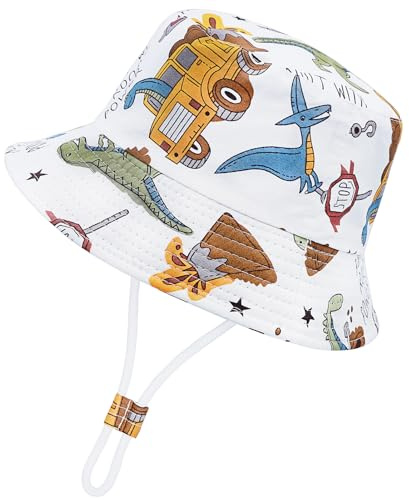 CHEESANHERR Sombrero de Sol Niño Niña, Gorro Bebe Verano, Sombrero de Playa Pescador Gorros Proteccion UV Unisexo Sombreros ala Ancha para Exteriores (FR/ES, Edad, 2 años, 4 años, Dinosaurio Blanco)
