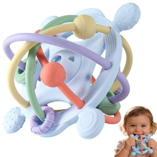 Juguete Mordedor Pelota Bebé, Juguetes Sensoriales para La Dentición Juguete de Denticion Sonajero para Bebe Juguetes Educativo Temprano Montessori para Bebés de 3 a 18 Meses(Azul)