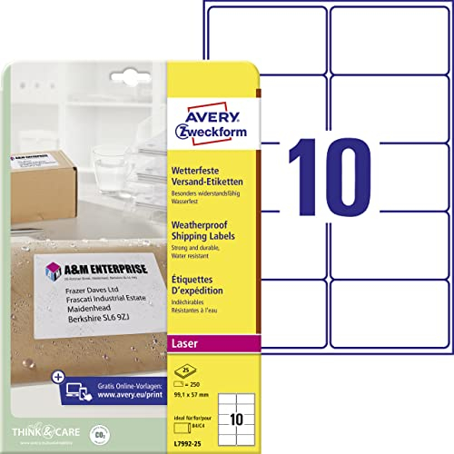 AVERY Zweckform L7992-25 wetterfeste Versandetiketten/ Versandaufkleber (250 Etiketten, 99,1x57mm auf A4, bedruckbar, selbstklebend, für DIN B4/C4 Umschläge und Versandrollen) 25 Blatt, weiß
