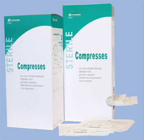 Compresses non tissées stériles 10 x 10 cm - 100 pochettes de 2 compresses - 30 gr - 4 plis