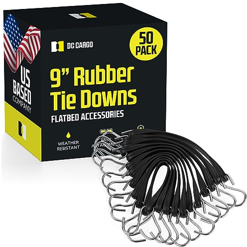 Pack of 50 Tarp Straps for Flatbed Trailers, 9 Long Natural Rubber Bungee Cord Tie-Downs Ideal for Securing Tarps, Canvases, Cargo in Cold Climates | Tie-Downs w/Metal S-Hooks