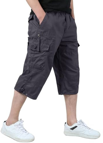 KEFITEVD Men's Cargo Shorts 3/4 Length Baggy Capri Trousers with 7 Pockets