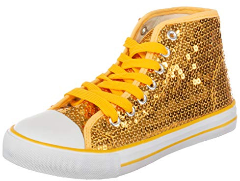 Brandsseller Baskets mi-Hautes à Paillettes pour Femmes – Chaussures Brillantes avec Lacets – Confortables et stylées pour Tous Les Jours et Les fêtes – Jaune