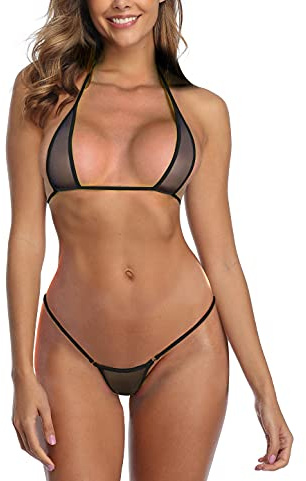 SHERRYLO Microbikini para Mujer, Tanga, triángulos, Extremo, exótico, Atrevido, Sexi, Traje de baño, Negro (Sheer Black), Talla única