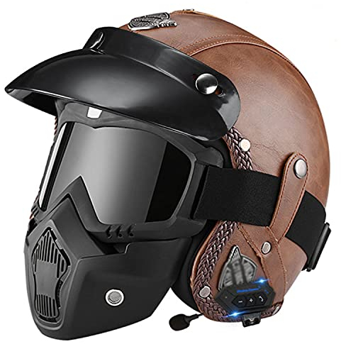 LPXPLP Retro-Motorrad-Helm PU-Lederhelm Bluetooth Jethelme Rollerhelm Sturzhelm Chopper Helm ECE-Zulassung Offenes Gesicht Motorradhelm für Damen Herren Erwachsene A,S