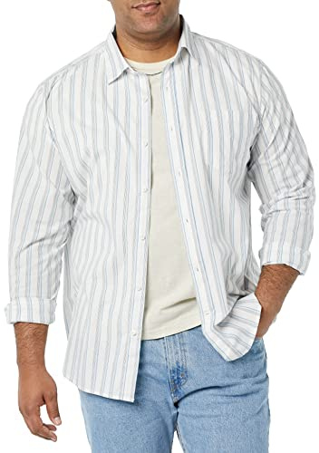 Amazon Essentials Men's Long-Sleeve Regular-Fit Stretch Poplin Shirt, Blue Grey White Stripe, Large
