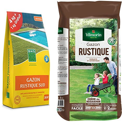 BHS GRSP4 Gazon Rustique Sud 5 kg | Soit 200 m² | Semences Enrichies en Engrais Organique pour Une Implantation Rapide Et Homogène, Fabriqué en France & Vilmorin 4460416 Gazon Rustique, Vert, 5 kg