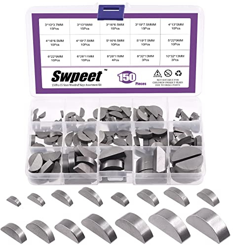 Swpeet Kit de 150 pièces, 15 tailles, 3 mm, 4 mm, 5 mm, 6 mm, 8 mm, 10 mm, clés Woodruff demi-lune semi-circulaires, clés de liaison métrique, kit d'assortiment pour attaches, matériel pour