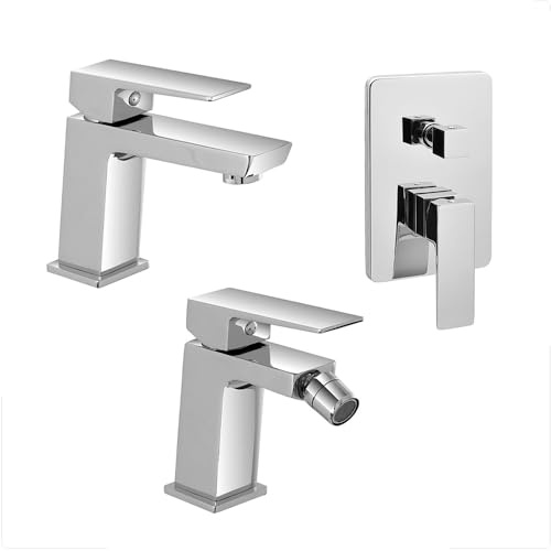 Set rubinetti miscelatori per lavabo bagno, bidet e doccia ad incasso con deviatore cromati, scarico click clack incluso, serie Kubo (Set Lavabo Bidet e Doccia incasso con deviatore)