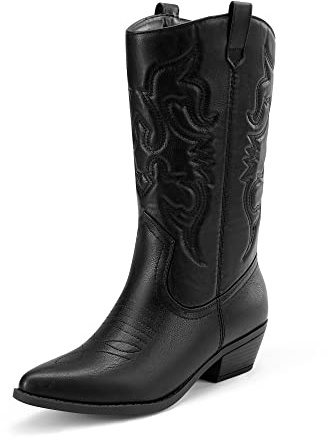 DREAM PAIRS Women's Comfortable Winter Western Boots,Waterproof Mid Cowboy Boots for Ladies,Beautiful and Stylish Party and Character Dress Up Boots,Size 6.5,Black,SDMB2218W