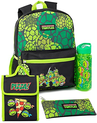 TEENAGE MUTANT NINJA Turtles Boys Backpack Set | Kids 4 Piece Green Rucksack Bundle with School Bag, Pencil Case, Lunch Bag & Water Bottle | TMNT Graphic Complete Matching Set | Back to School Gifts