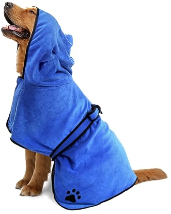 COMFPET Hunde-Bademantel mit Kapuze, Saugfähiger Hunde Bademantel zum Trocknen nach dem Baden, Handtuch für Katzen und Hunde Aller Rassen, XL (Blau)