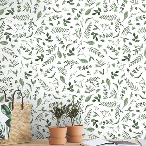 CiCiwind Self Adhesive Wallpaper Leaf Contact Paper 41×500cm Peel and Stick Wallpaper Green Leaves Wallpaper Thicken Sticky Back Plastic Removable Vinyl Wallpaper for Wall Furniture Cabinets Decor