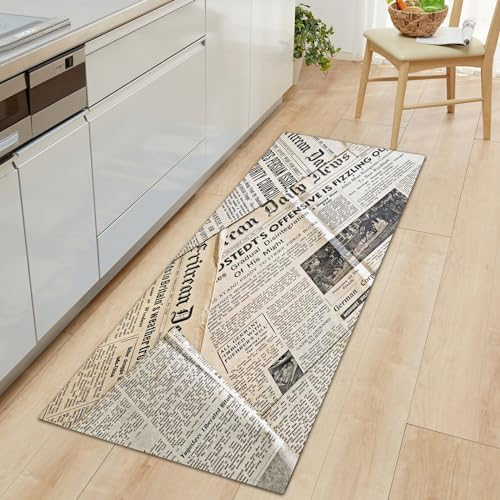 Anti-Rutsch Küchenteppich 40x120 cm, Retro-Zeitung Muster Küchenteppich Weich Mikrofaser Anti-Müdigkeit Waschbar, Lange Küchenläufer für Korridor Schlafzimmer Wohnzimmer