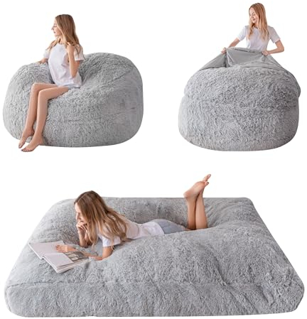 MAXYOYO Giant Bean Bag Bed - Convertible Folds from Bean Bag Chair to Bed - Large Sofa with Plush Cover and Fluffy Filling Included for Adult, Couples, Guest (Gray, Double)