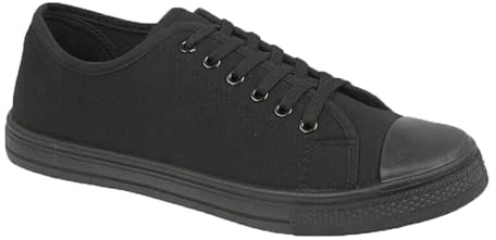 Womens Ladies Gym Trainers Canvas Shoes Plimsolls Casual Flat Lace Up Pumps Size All Black 6