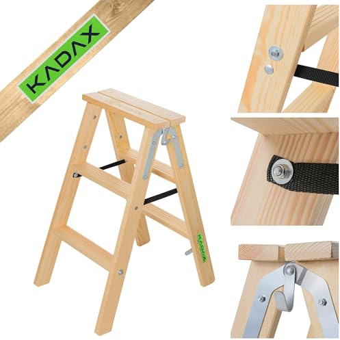 KADAX Wooden Ladder, 3 Steps, Light Brown, Pine Wood & Steel, Foldable & Lightweight