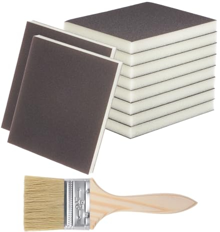 QUARKZMAN 11pz Spugne Abrasive Grana 1200-1500, 100 x 120mm Lavabili Riutilizzabili Blocco Abrasivi a Doppia Faccia con Pennello Legno per Lucidatura Legno Cartongesso Metallo, Marrone