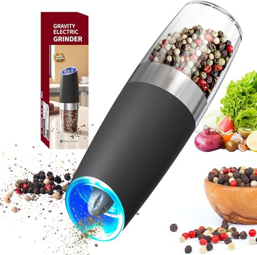 CIRCLE JOY Gravity Electric Pepper Grinder Salt Grinder Pepper Griner Mill Electric with LED Light, Battery Operated, Adjustable Coarseness, Washable 135ml Container, 1 Pcs