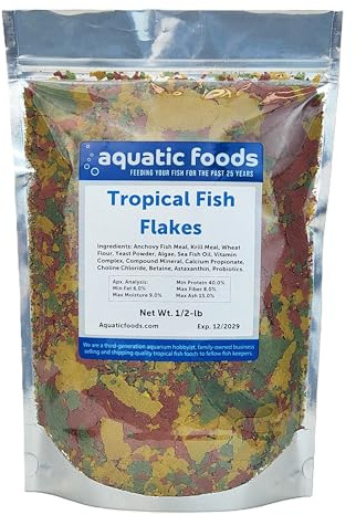 Aquatic Foods Inc. Premium Community Tropical Fish Flakes. All-Around Flakes for Tetras, Livebearers, Anglefish, Cichlids, Goldfish, Guppies 2-Type Pellet Mix & 4-Type Wafers Included...1/2-lb Bag