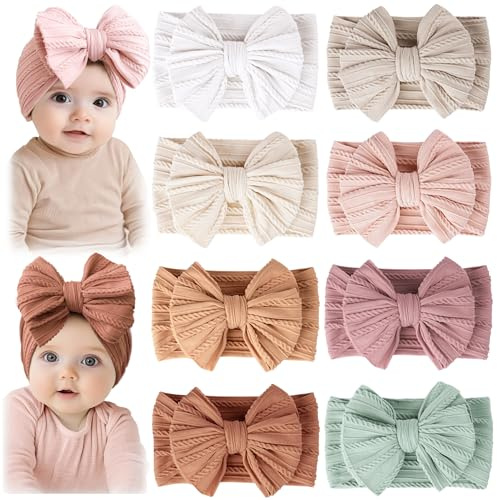Prohouse 8 Pack Baby Headbands Soft Nylon Hairbands Hair Bows for Newborns Infants Toddlers and Baby Girls Elastic Hairbands for Daily Wear, Photoshoots