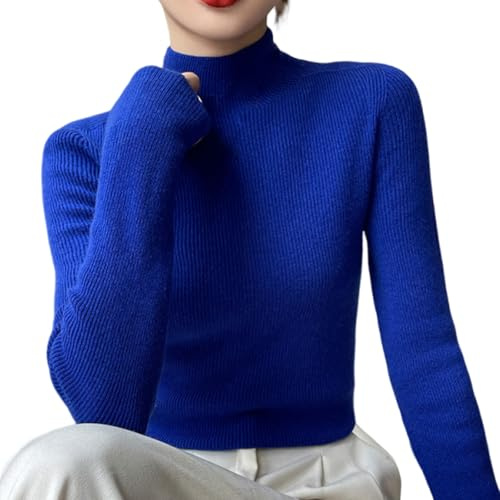 Nbzsmlkn Suéter De Punto Semialto con Forro, Suéter Suave De Manga Larga De Color Liso con Cuello Alto Medio, Camisetas Básicas De Punto Acanalado De Corte Ajustado Informal (Azul,S)