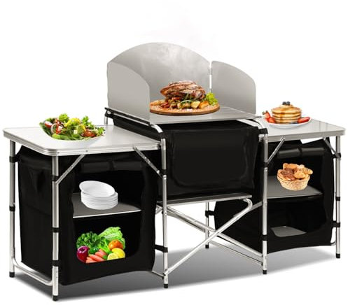 Hebitod Campingküche Campingschrank Faltschrank Küchenbox mit Aluminium-Tischplatte, Spritzschutz & Staufächer Campingschrank Reiseküche für Camping, Garten, Outdoor-Aktivitäten